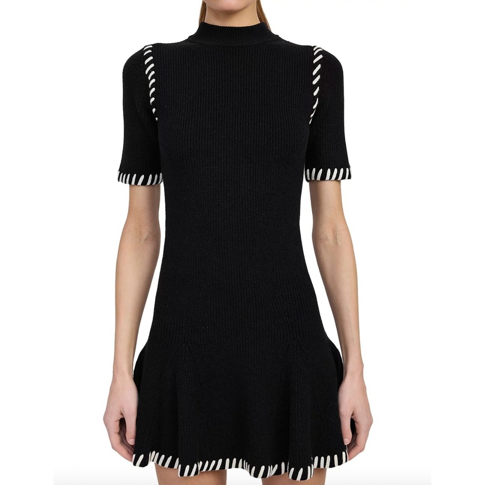 En Saison Whipstitch Rib Knit Mock Neck Mini Dress M Black White Contrast Trim